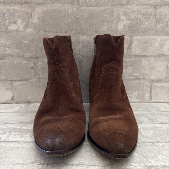 Frye Brown Suede Ankle Boots Cowboy Heeled Pointed Toe Zip Used Women's Size 6.5 - Picture 5 of 16